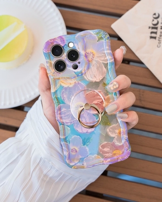 iPhone 12 Pro Maxケース リング,オイルペイント 花 色彩豊かなレトロ花 可愛いカワイイ波のフレーム 女性の女の子の電話ケース
