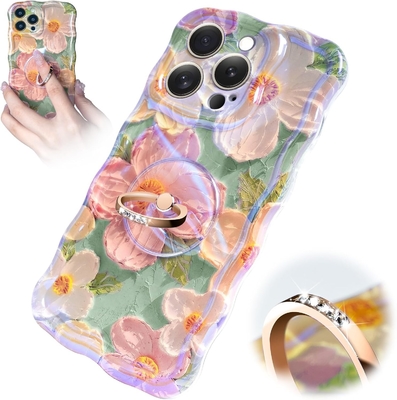 iPhone 12 Pro Maxケース リング,オイルペイント 花 色彩豊かなレトロ花 可愛いカワイイ波のフレーム 女性の女の子の電話ケース