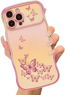 iPhone 13 女の子用電話ケース 巻き巻きの波のフレーム 豪華なプラテッド蝶のパターン TPU ゴールドフレーム 衝撃防止レンズ保護