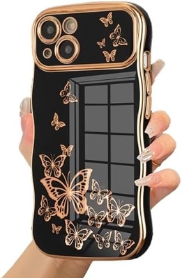 iPhone 13 女の子用電話ケース 巻き巻きの波のフレーム 豪華なプラテッド蝶のパターン TPU ゴールドフレーム 衝撃防止レンズ保護