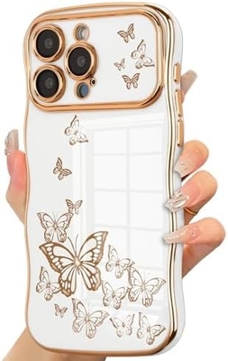 iPhone 13 女の子用電話ケース 巻き巻きの波のフレーム 豪華なプラテッド蝶のパターン TPU ゴールドフレーム 衝撃防止レンズ保護