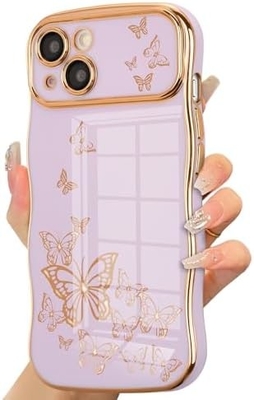 iPhone 13 女の子用電話ケース 巻き巻きの波のフレーム 豪華なプラテッド蝶のパターン TPU ゴールドフレーム 衝撃防止レンズ保護