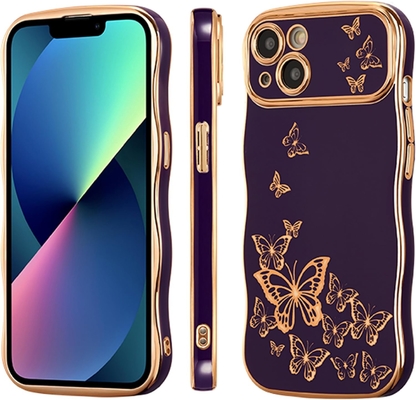 iPhone 13 女の子用電話ケース 巻き巻きの波のフレーム 豪華なプラテッド蝶のパターン TPU ゴールドフレーム 衝撃防止レンズ保護