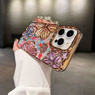 iPhone 12 Pro Maxケース 6.7 インチ 透明3D花の電話ケース 女性用 女の子用 高級 プラチング 花のケースカバー エステティック