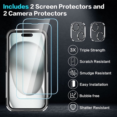 5 in 1 for iphone 15 Plusケース,2パックスクリーンプロテクター+2パックカメラレンズプロテクター