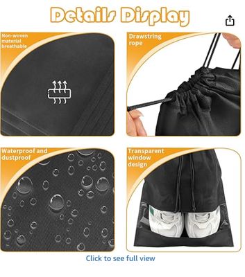 Large  Travel Shoe Bags - 5 Pcs with Clear Window, Non-Woven Drawstring, 12.6" X 17.3" for Men Women