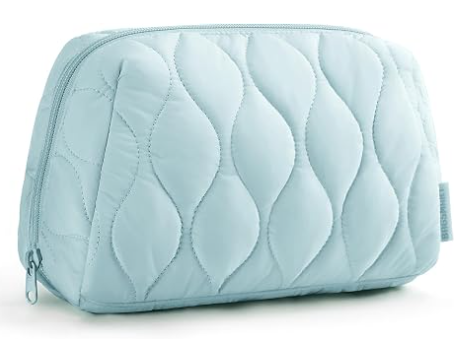メイクポーチ、トラベルコスメティックバッグ、女性用ふわふわパッド入りメイクアップバッグ、メイクオーガナイザーケース、ワイドオープンポーチ、旅行必需品、トイレタリーアクセサリーブラシ