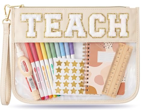先生への感謝のギフト メイクアップバッグ、卒業ギフトバッグ レディース | かわいい TEACH シェニールレターオーガナイザーポーチ。学年末の先生へのギフト、クリアコスメティックバッグ&先生バッグの必需品