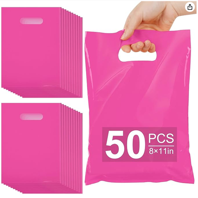 Hot Pink Party Favor Bags, 8" x 11" Goodie Bags for Candy Treat Craft Easter Egg, Plastic Gift Bag with Die Cut Handles for Birthday Party, School Events & Small Business, Wedding